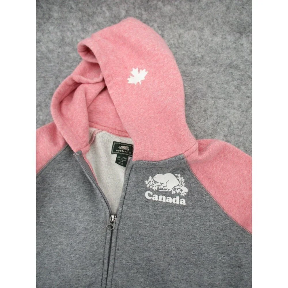Roots Kids Sweatshirt Hoodie XXL 13 14 Years Pink Gray Pockets Zipper Casual